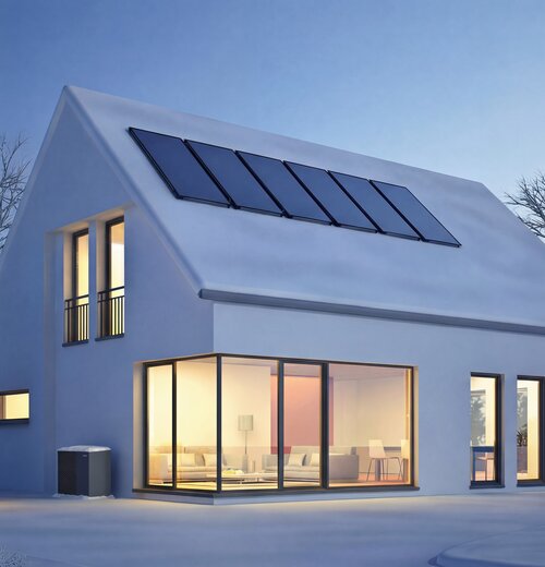 Winter mit Luft-Wasser-Wärmepumpe MOZART 290 und Solarthermie am Dach, warm beleuchtet und energieeffizient betrieben.