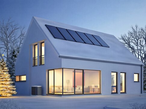 Winter mit Luft-Wasser-Wärmepumpe MOZART 290 und Solarthermie am Dach, warm beleuchtet und energieeffizient betrieben.