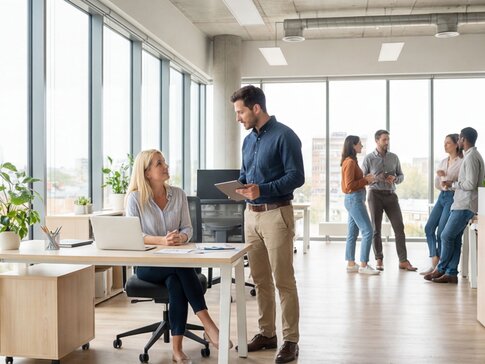 Mitarbeitende arbeiten und kommunizieren entspannt in einem hellen, modernen Büro mit Pflanzen und viel Tageslicht – Zeichen für gute Raumluftqualität und ein angenehmes Raumklima