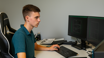 GET IT-Teilnehmer arbeitet am Computer an technischen CAD-Plänen und sammelt erste Erfahrungen in der Gebäude- und Energietechnik