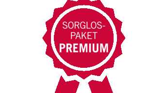 Rotes Abzeichen für das bösch Sorglospaket Premium mit einer Rosette und der Aufschrift 'SORGLOSPAKET PREMIUM' in weißer Schrift auf rotem Hintergrund. | © bösch heizung.klima.lüftung