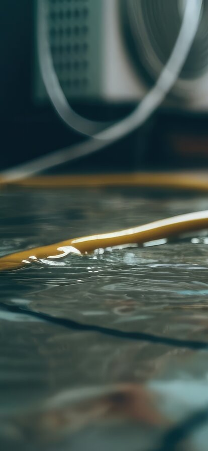 Nahaufnahme eines überfluteten Innenraums mit spiegelnder Wasseroberfläche, die das Licht reflektiert. Gelbe Stromkabel liegen teilweise im Wasser, während im Hintergrund eine Wärmepumpe und eine diffuse Beleuchtung zu sehen sind