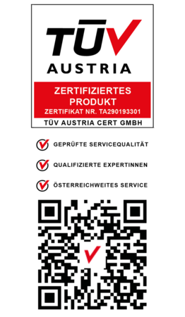 TÜV Austria Zertifizierungslogo mit QR Code und dem Text "Geprüfte Servicequalität", "Qualifizierte Expertinnen", "Österreichweiter Service"