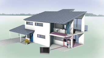 Schnittdarstellung eines Hauses mit integrierter Wärmepumpenheizung, Fußbodenheizung und Warmwassersystem