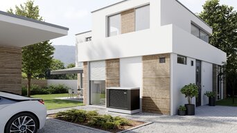 Installierte Luftwärmepumpe bösch Mozart mit Außenstellung neben einem modernen Haus | © bösch  heizung.klima.lüftung