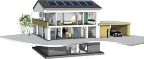 3D-Illustration eines weißen modernen Einfamilienhauses mit dunklem flach geneigtem Dach mit Solaranlage und Heizungssystem im Keller