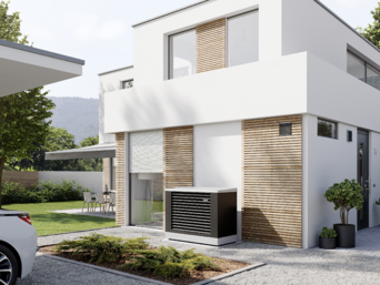 Installierte Luftwärmepumpe bösch Mozart mit Außenstellung neben einem modernen Haus | © bösch  heizung.klima.lüftung