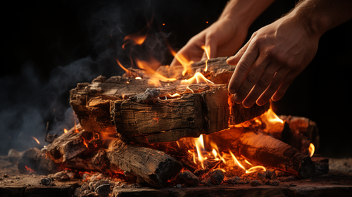 Hände legen Scheitholz auf ein offenes Feuer – Symbol für manuelle Holzheizung mit natürlicher Wärmequelle