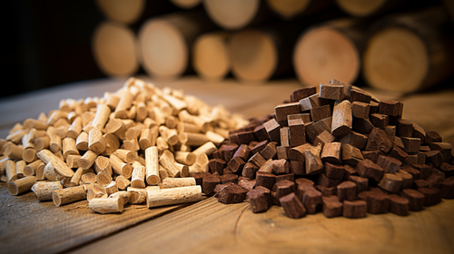 Holzpellets und Presslinge nebeneinander auf einem Holztisch – Vergleich von Stückholz- und Pelletheizung als Heizsysteme