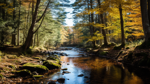 Herbstlicher Wald mit Bachlauf – Symbol für natürliche Ressourcen und nachhaltige Energiegewinnung durch Holz