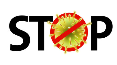 Grafik mit Text "Stop" bei dem das O ein Bild mit einem durchgestrichenen Corona-Virus ist | © bösch heizung, klima, lüftung