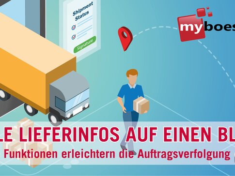 myboesch Lieferinfos Auf dem Teaser steht: "Alle Lieferinfos auf einen Blick, Neue Funktionen erleichtern die Auftragsverfolgung". Der Hintergrund ist blau und es ist ein Männchen mit einem Paket und ein LKW zu sehen.