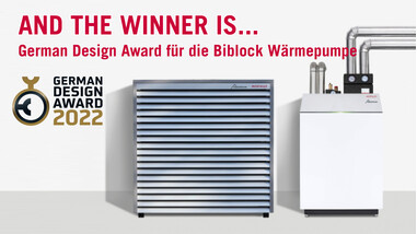 In roter Schrift steht oben: "and the winner is". Und darunter steht etwas kleiner "German Design Award für die Biblock Wärmepumpe". Auf dem Teaser ist außerdem eine Wärmepumpe und das Logo vom designaward zu sehen. 