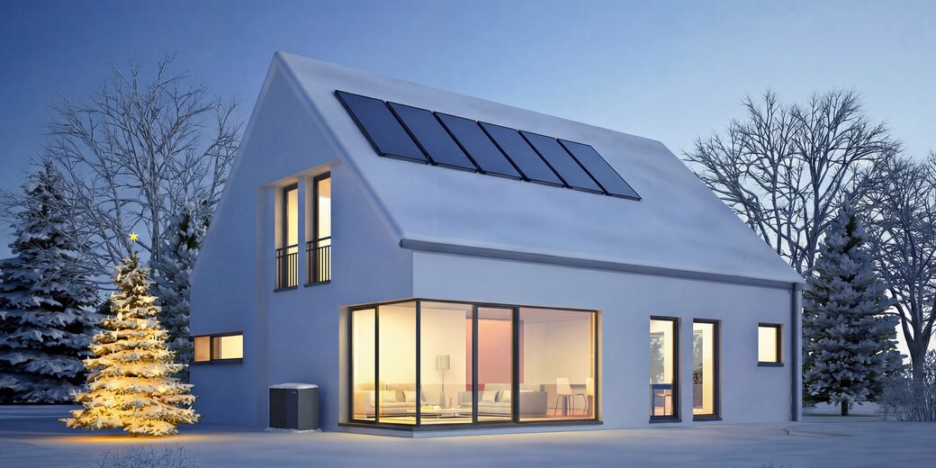 Winter mit Luft-Wasser-Wärmepumpe MOZART 290 und Solarthermie am Dach, warm beleuchtet und energieeffizient betrieben.